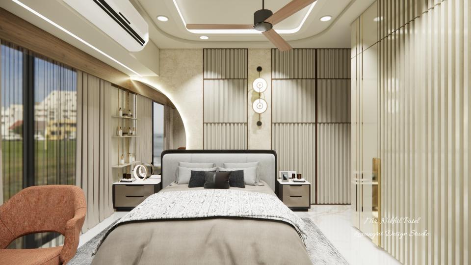 Bedroom of a bedback design with half moon dressing design and texture paint and framed white louvers