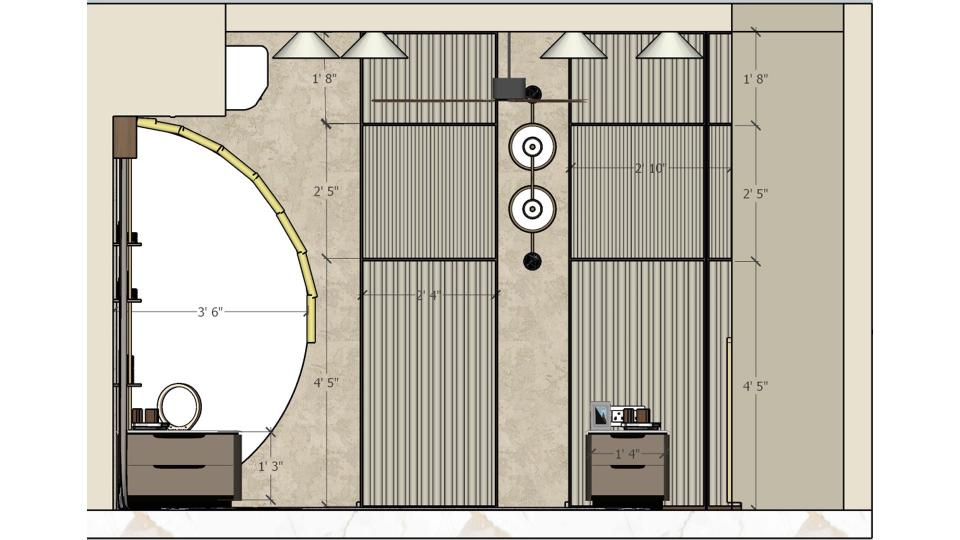 Bedback design with duco painted panel and dressing table with half moon mirror Working drawing 2D