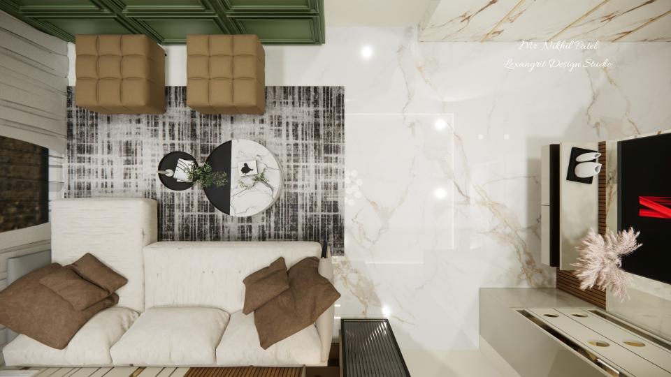 Abstract textured rug in black and white grid pattern behind white sofa in modern living room