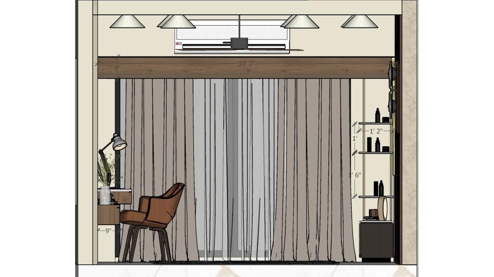 Full height curtains with wooden pelmet Working drawing 2D