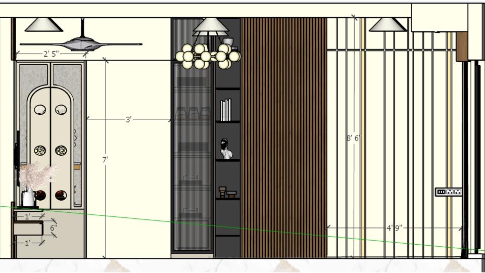 Living room design with closed fluted glass cabinet, open cabinets, cnc cutter mandir cabinet and luxury sofa set working drawing 2D