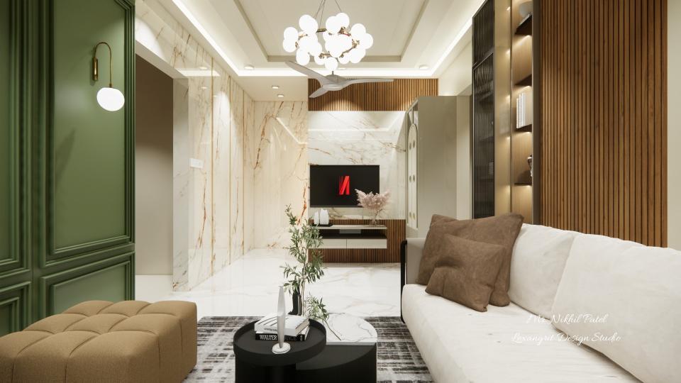 Marble finish laminate and wooden panelling in TV unit