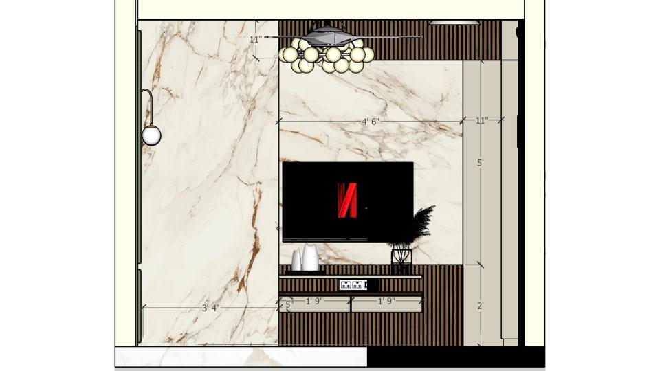 Marble finish laminate and wooden panelling in TV unit working drawing 2D