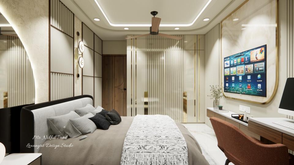 Master bedroom wardrobe with loft finished in glossy PU or DUCO paint featuring four shutters, center louver design panels, side groove cutting with golden strips, and long golden PVD coated handles.