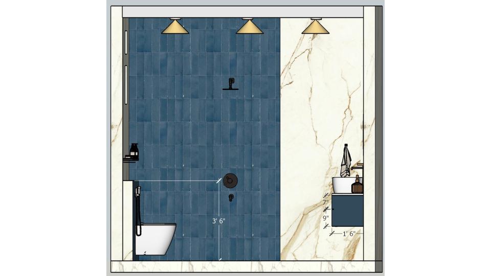 Bathroom entrance door view and wc area , vanity unit  2 d dimension