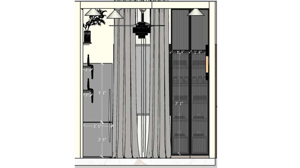 Dining sitting area and fluted glass crockery unit 2D dimension