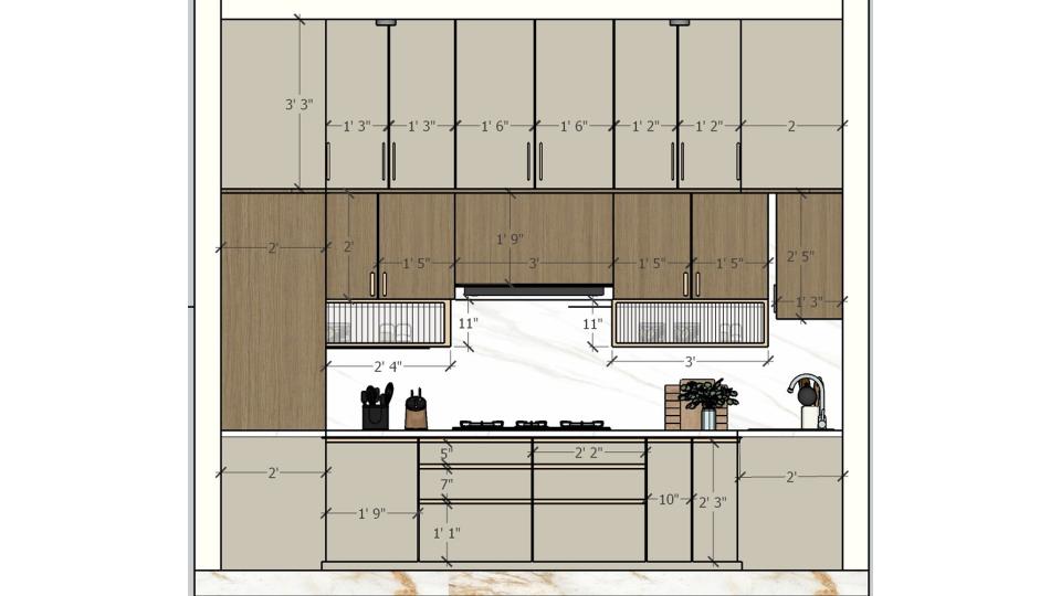 Kitchen front view and some storage 2d dimensions