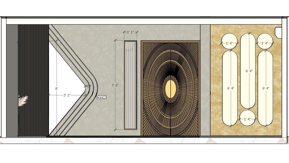Living room entrance door and showing designing wall 2d dimensions