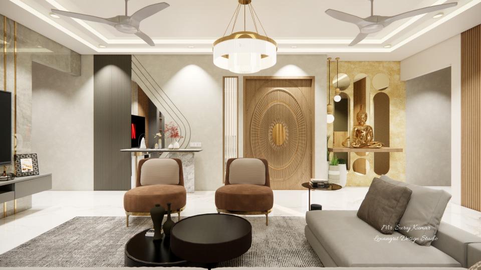 Living room entrance door and showing designing wall