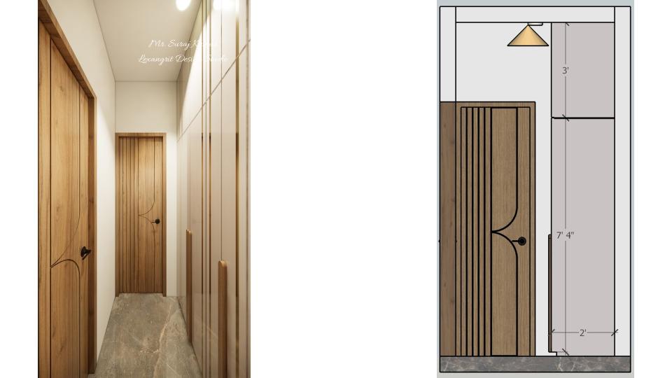 Store room entrance view and 2d dimensions