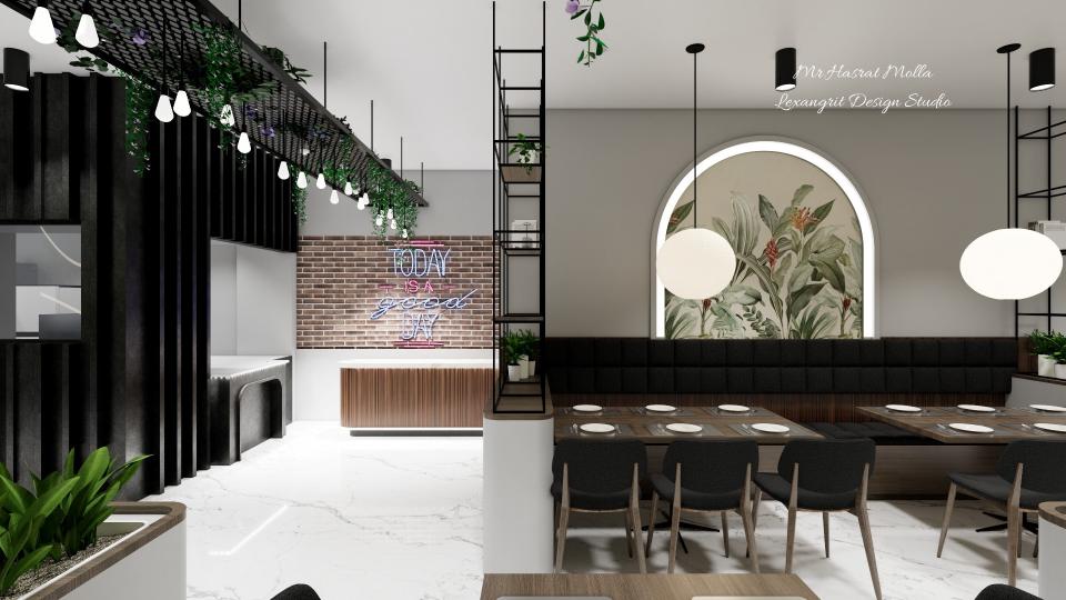 Showing reception area back wall brick design and some dining area