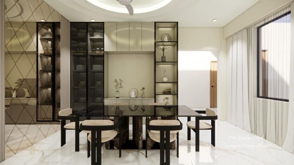 6 seatr dining table & fluted glass crockery unit wid mirror painting wall design