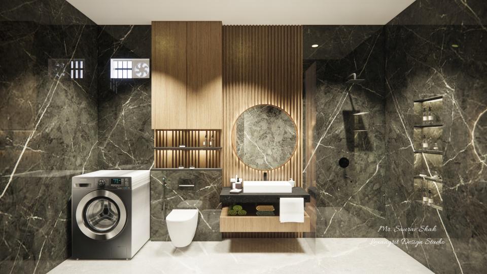 Bathroom showing stylish vanity unit with louvers panelling & round shape mirror,some storage,Wc area , shower area