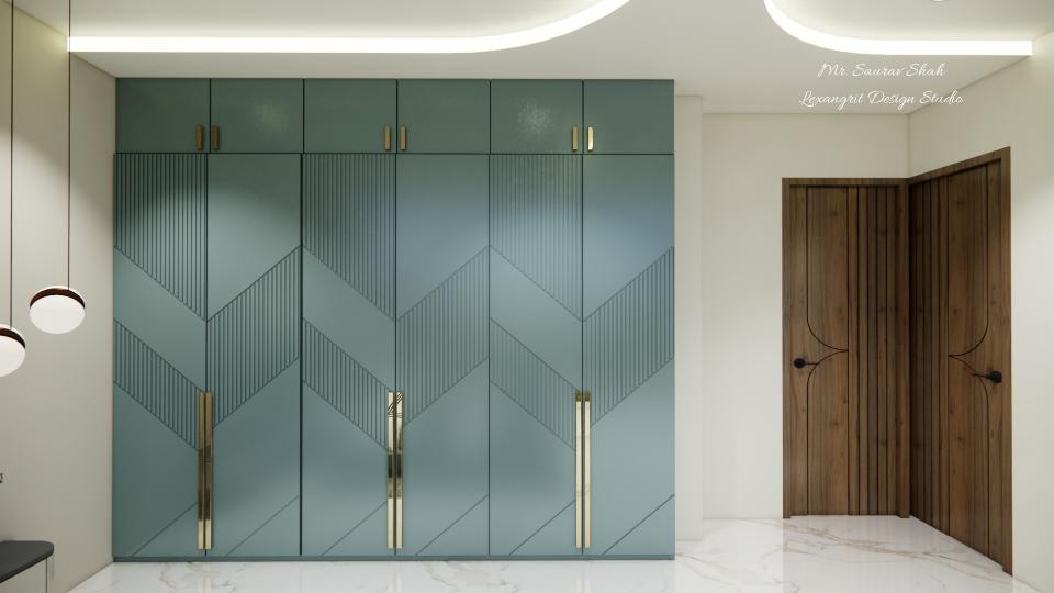 Bed room wardrobe grove cutting design with golden larg handel