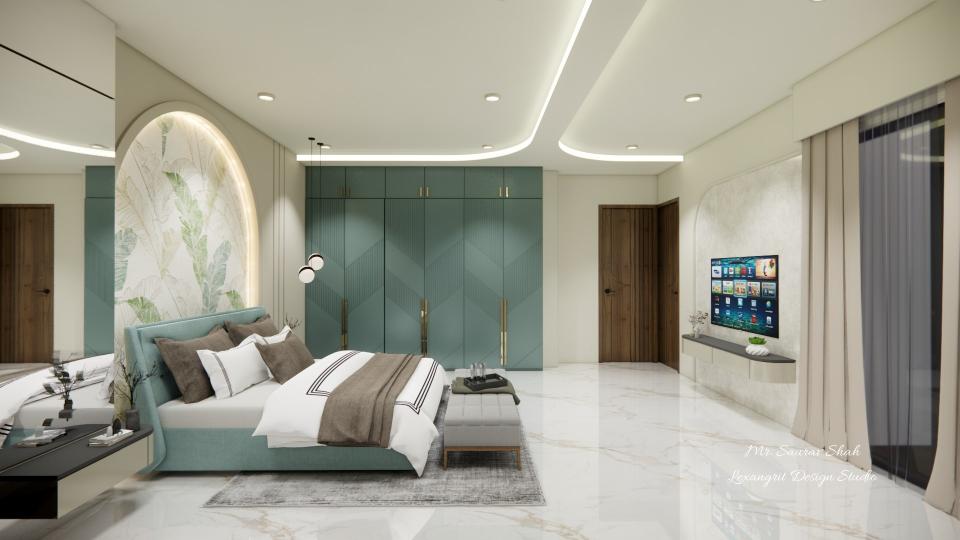 Bedroom showcasing a stylish dresser with a large mirror and decorative items against a soft-colored wall