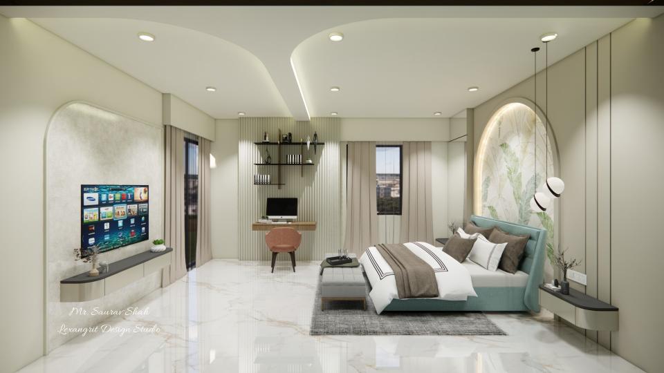 Bedroom showing luxurious bed,sleek tv unit and work station view