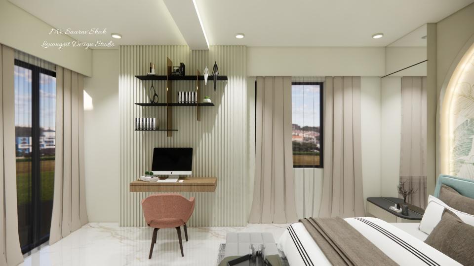 Bedroom work station area & white louvers panelling design with some open shelf design