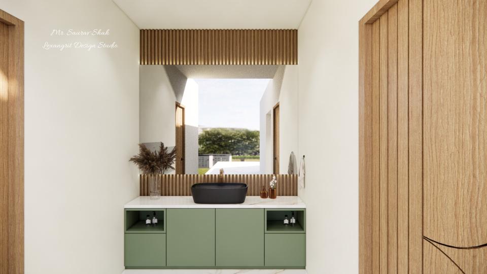 Counter basin with louvers panelling back side wall and large mirror