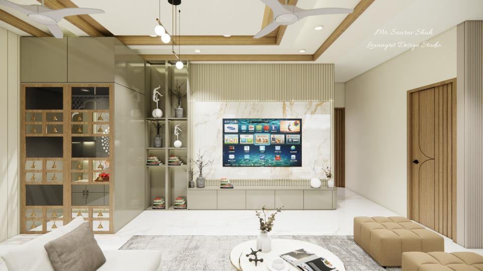 Living showcasing puja unit & open shelf storage,tv unit some storage with louvers panelling, marble sheet design