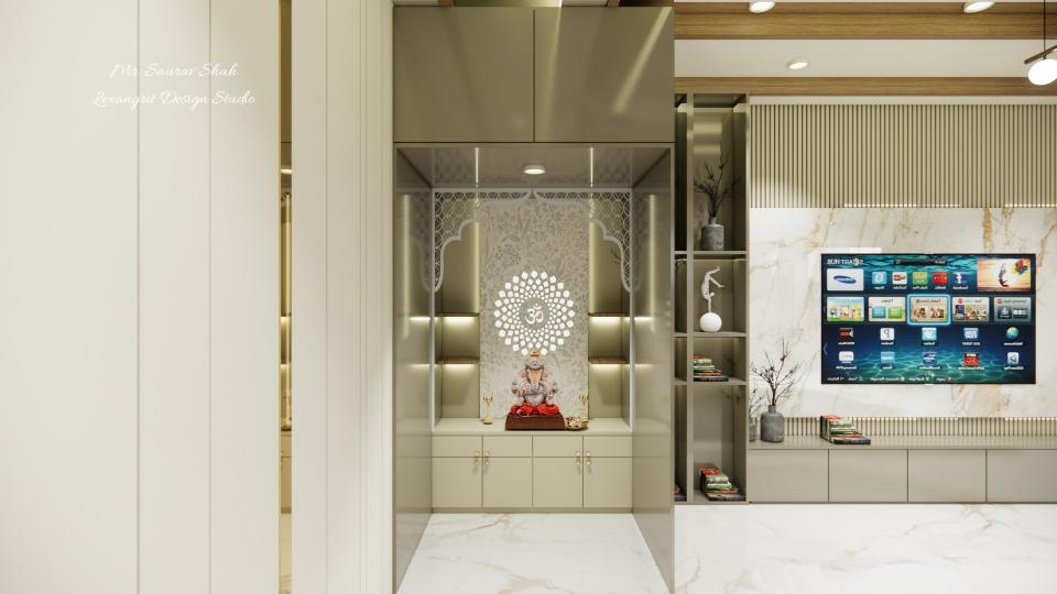 Puja area front view some storage & back side cnc jali cutting design