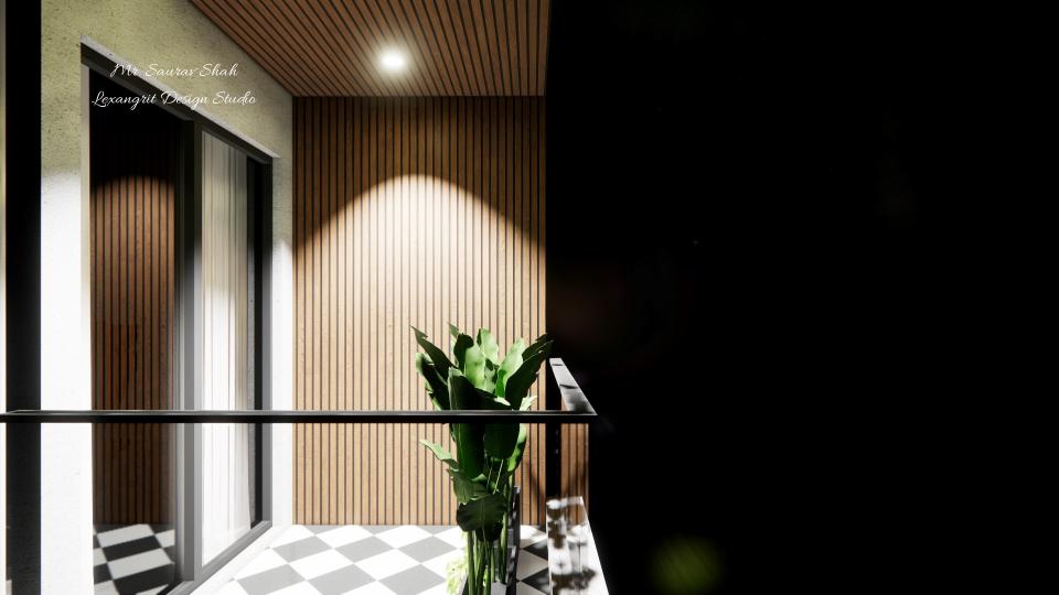 Outdoor balcony design with PVC louvers on ceiling and wall in matching pattern, recessed light, checkered floor and potted plant