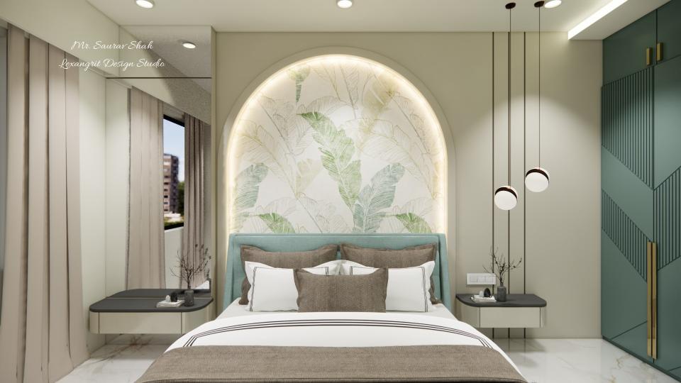 Showing luxury bed with two side table & decorative headboard wall design with large mirror