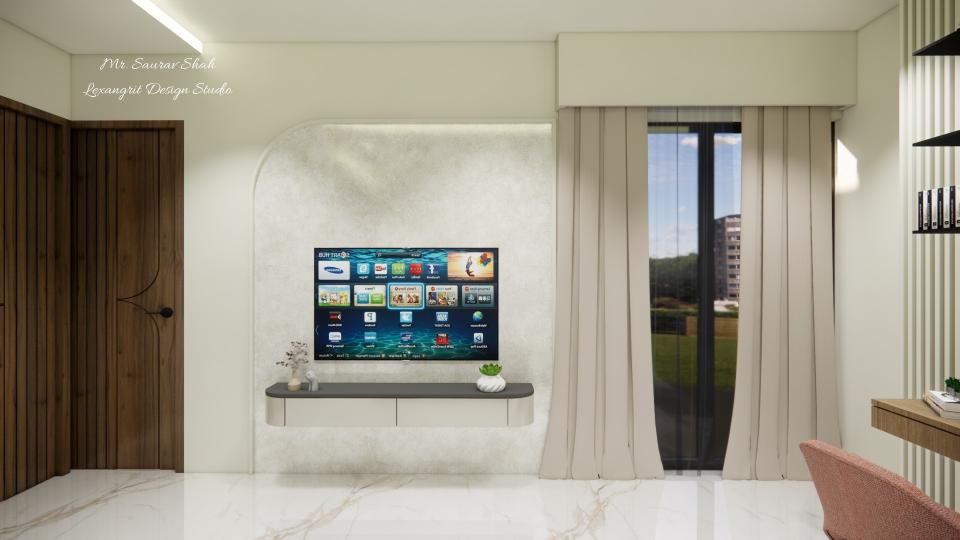 Tv unit small storage & back side wall wallpaper design