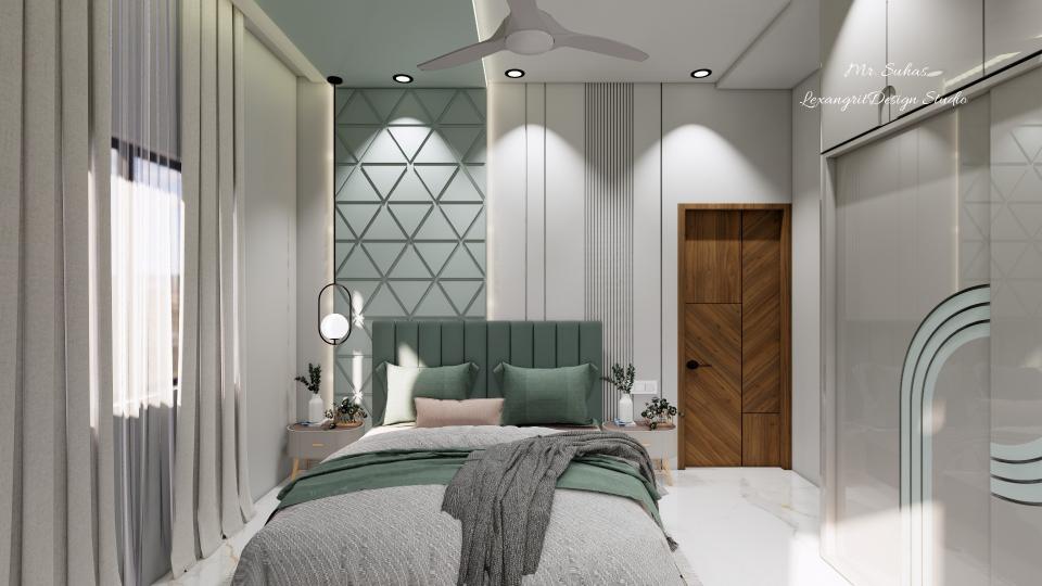 Bedroom bed back wall with triangle grid grooved sky blue panel extending to ceiling, leather linear cushion headboard, sliding wardrobe in grey glossy laminate, and blackout curtains — a layered louvers bed back design with ceiling continuity.