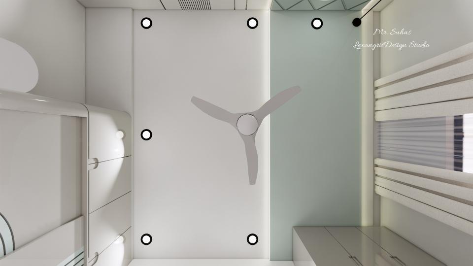 Bedroom ceiling design in off-white and sky blue with centre fan, hanging side table light and LED ceiling lights — a soft and layered bedroom led profile light ceiling design.