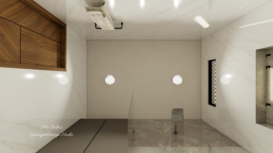 Ceiling is designed plain here to given clean look and two ceiling lights placed accodingly.