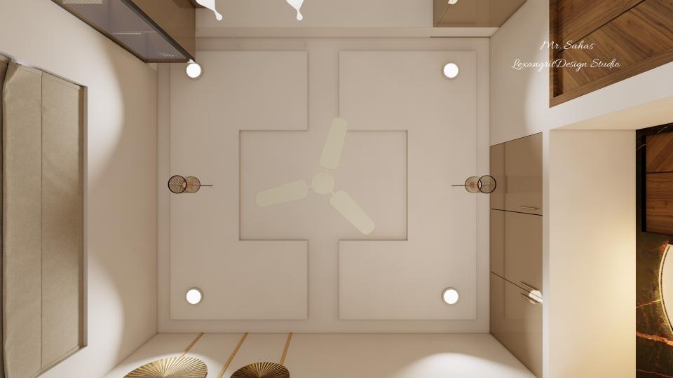 For ceiling we've used Gypsum boards with a fan at the centre and two hanging lights .