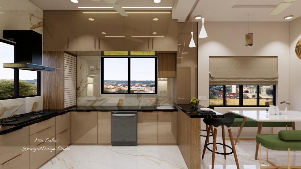 Modern modular kitchen units with two-drawer and three-drawer cabinets, magic corner, pantry unit, hob with exhaust, dishwasher space, breakfast counter seating, black quartz countertop and Italian-texture dado tiles.