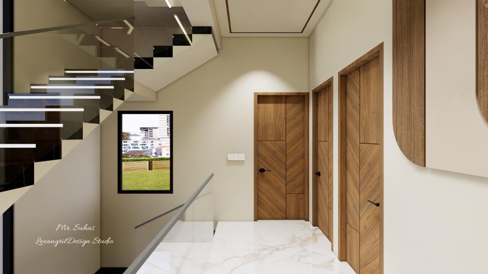 Here we can see the doors which are access to the bedrooms , doors are designed with wooden laminate finish with Zig-Zag pattern, Black marble finish for stairs flooring & Toughened glass railing for stairs and lobby.