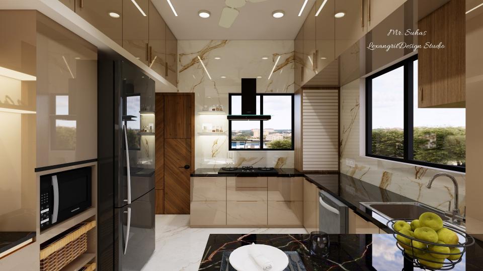 Here we can see the kitchen storage which include Two drawer unit,three drawer unit,magic corner,Rolling shutter, stove with chimney & hob, Pantry unit,fridge & open storage racks for daily usage,Black Quartz stone is given for the counter and beige Acrylic laminate finish is used for storage & concealed handles given for bottom sotage ,brass linear handles given for loft .