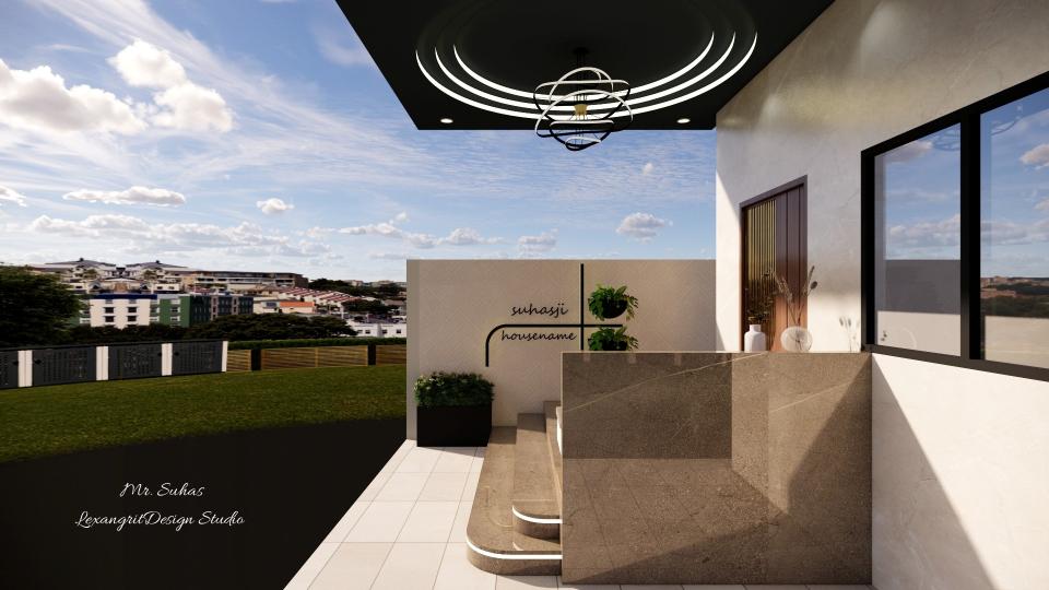 Here we can see the Name board designed in Asymmetric lines and we've added two plantery boxes on the wall to enhance the Design.