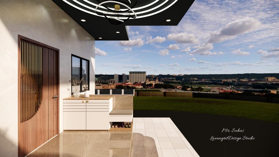 Here we can see the shoe rack deisgned with seating on the right ,brass nobs has been given for storage doors.