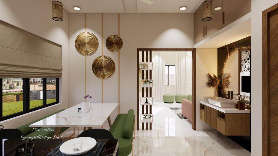 Here we can see the wooden parition which differs Living & Dining,designed with vertical beads and minimal storage between them , for handwash we've given counter top washbsin with a half curve mirror behind it ,loft storage and bottom storage given for dining & kitchen usage.