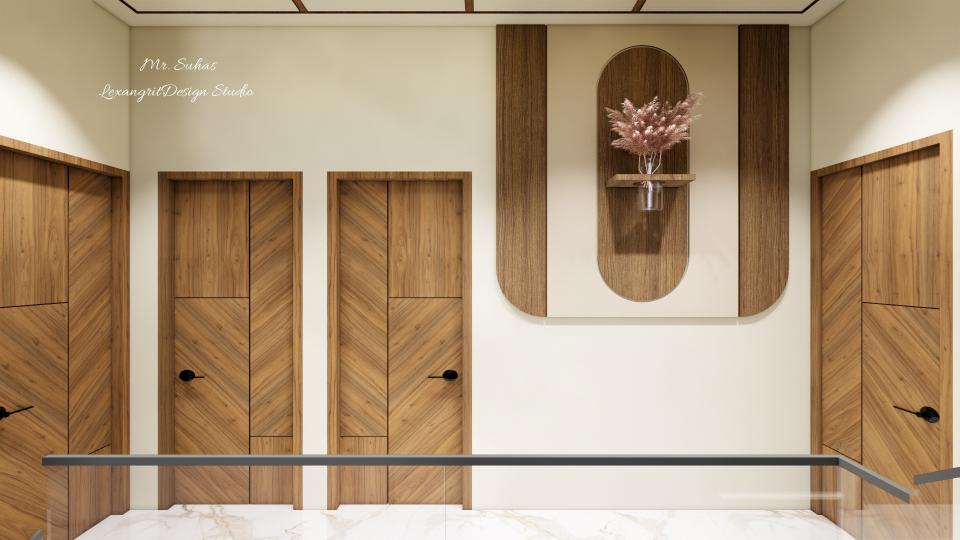 Here we can see wall panelled design with a pinch of curved essence finished with beige and wooden laminate and decorated with a Artificial plant above it,doors are with wooden laminate finish with Zig-Zag pattern .