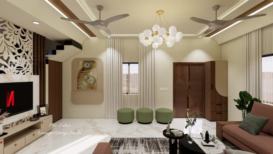 Here we cann see a wall mural beside window & the main door is designed with minial grooves with brass finish ,Vertical storage is given beside main door for usage with black linear handles finishing with beige & wooden textured laminate,three couch seating is given with green fabric finish .