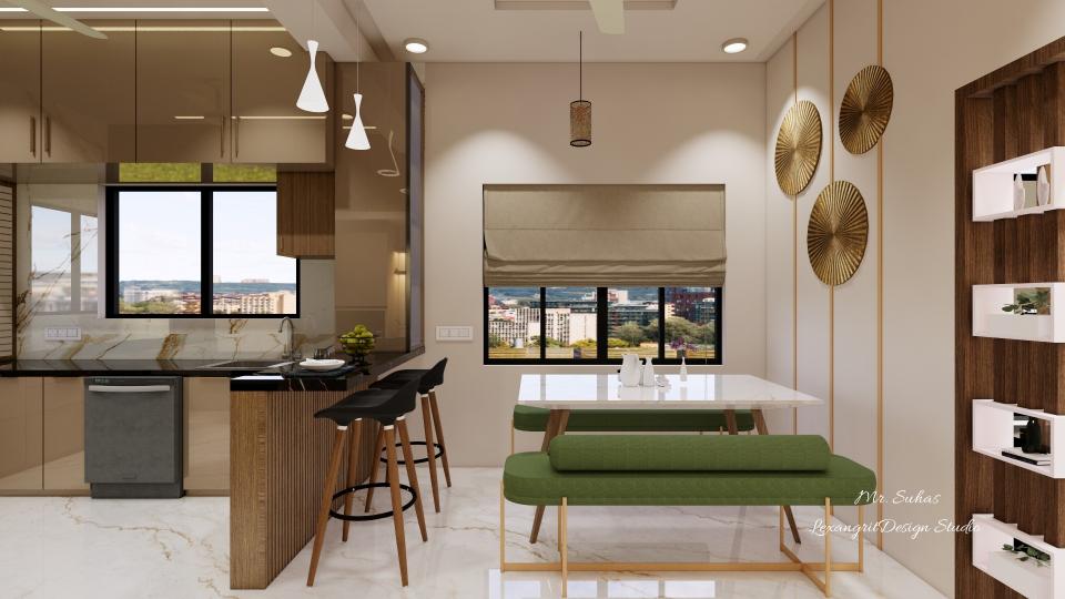 In this image we can see a breakfast counter with two seating ,Quartz stone is used for the counter,for windows beige fabric textured blinds has been designed ,dining table top is white textured marble with brown wooden legs,we've given linear cusion on both sides as seating with   minimal green fabric finish,for right wall we've given vertical linear wooden beading with a circular wall mural design which enhances the room .