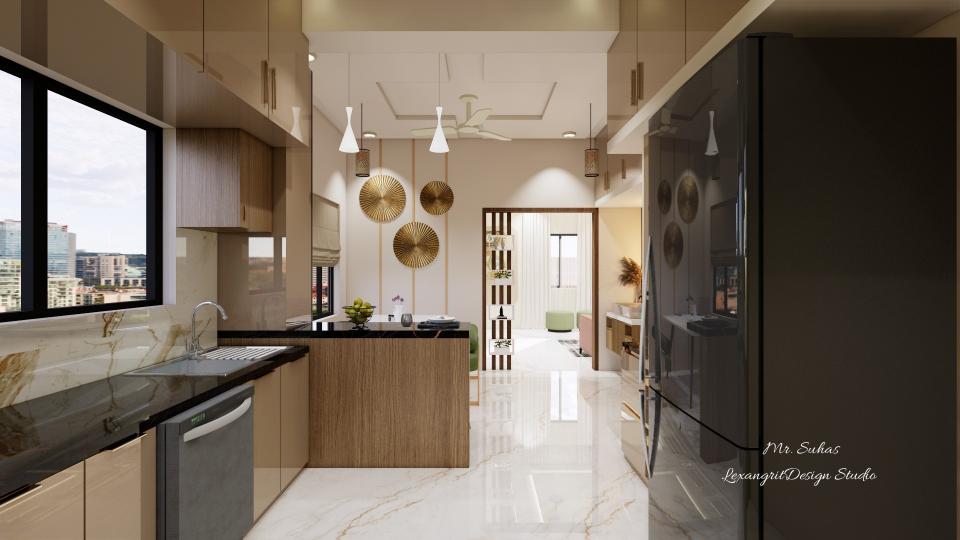 In this image we can see a kitchen counter & breakfast counter , SS steel basin ,dish washer,we've placed hanging lights above the breakfast counter for aesthetic purpose,Beige coloured Acrylic finish is used for kitchen storage and wooden laminate finish for breakfast counter .