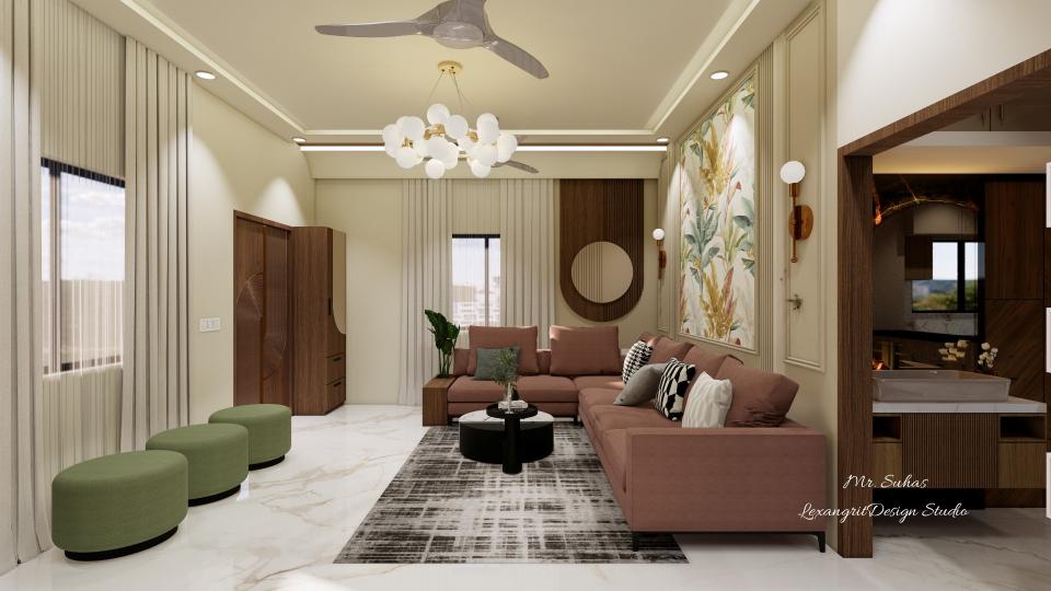 In this image we can see a L-shaped with three pouch seating infront of it,we have given a half circled panelling design for sofa back wall and a vertical storage beside main door ,for windows long curtains has been used with a mix of blackout and beige colours , for flooring we have given italian marble with beige and grey tones in it,chandeliar is placed at the centre for enhancement of the room.