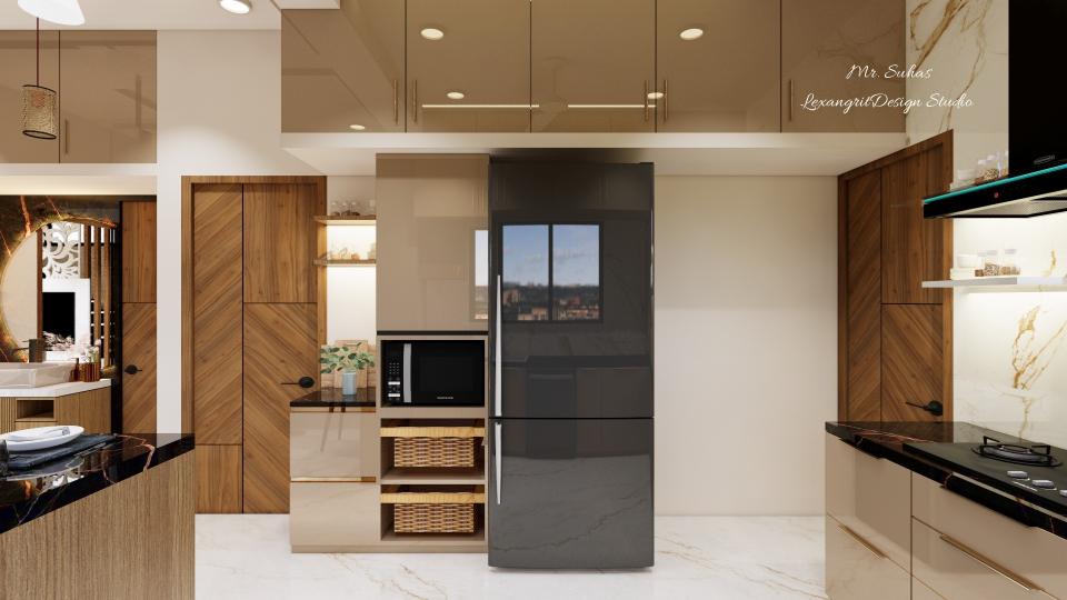 In this image we can see a tall pantry unit beside Refrigerator consists of wicker baskets, owen and stoage for remaining appliances,for loft sorage beige acrylic finish is given and as well as for botton units,brass linear handles used for loft storage,flooring we've given white italian marble texture finish with glossy look.
