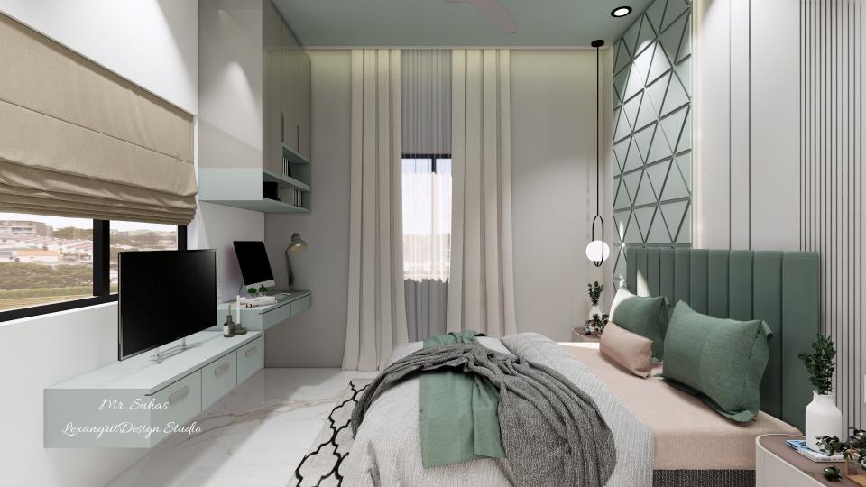 In this image we can see a Tv unit with a study unit with suitable drawers & a brass linear handles,for study unit upper storage & loft is designed with open storage racks between them,black & white textured fabric carpet is given under the bed ,bed head board is a leather fabric with royal blue tinted colour with linear groove kind of pattern,for bed back triangular grids are given with suitable grooves finishing with sky blue colour which contious through the ceiling ,long curtains are used for window ,for tv wall window fabric blinds are used with dark beige finish,for flooring brown &white textured italian marble is given.