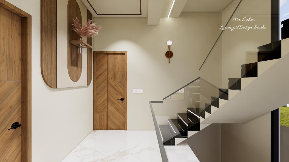 In this image we can see a wall design is given for lobby wall with a wooden laminate finish and a artificial plant placeed above it, wall light is placed at stairs wall & doors are designed with wooden laminate finish with Zig-Zag pattern ,black marble texture is used for stairs flooring and toughened glass railing is given.