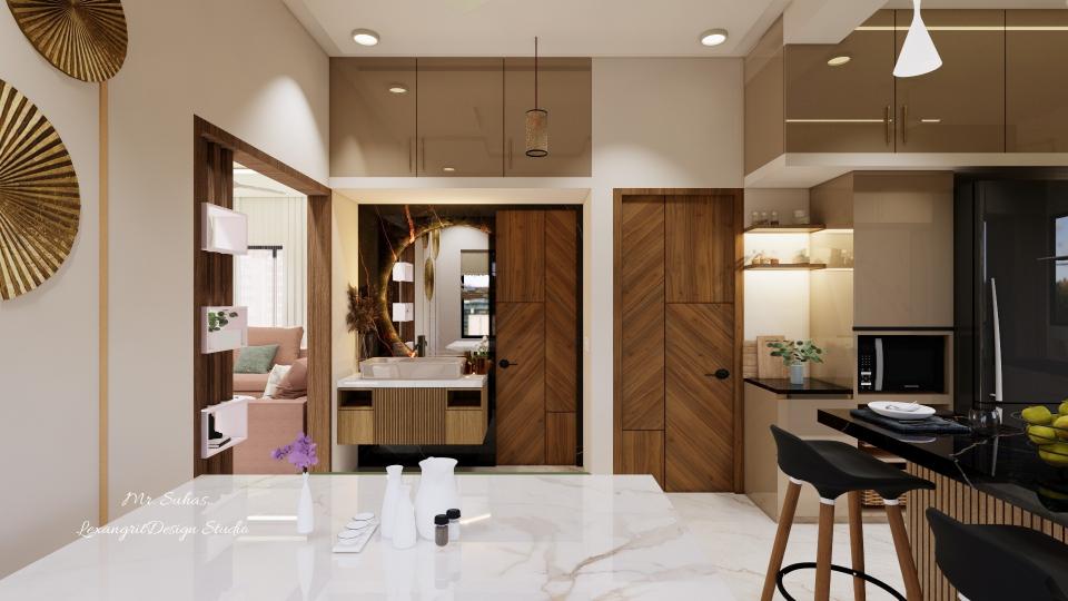 In this image we can see a Wash basin with counter top basin and semi curved mirror with a cove light behind it,stoage has given below the wash basin counter with fluted laminate finish.kitchen storage units are with Beige acrylic finish .