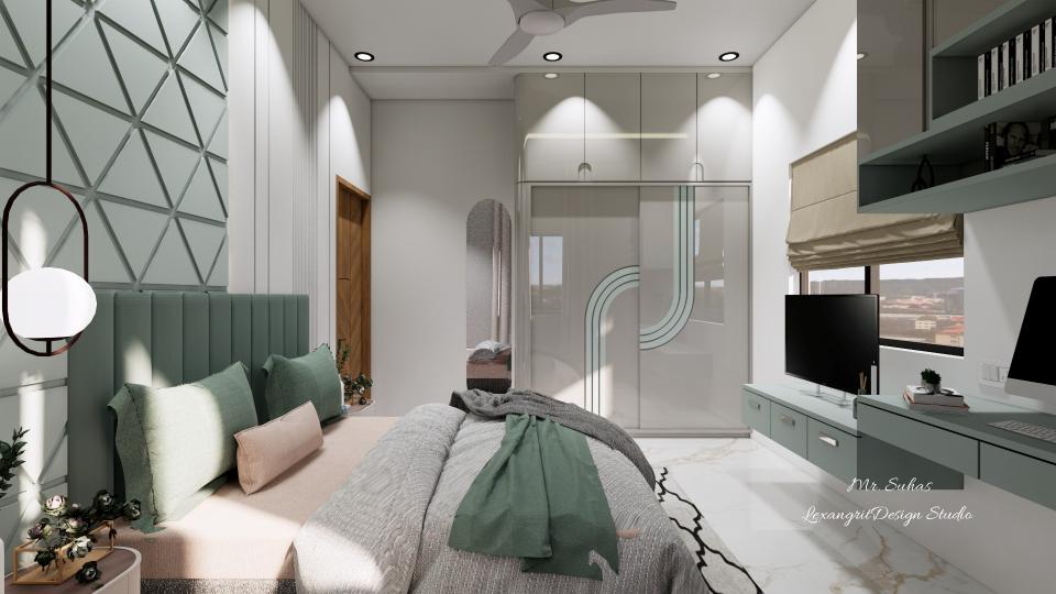 In this image we can see sliding wardrobe with ash grey glossy laminate finish with semi curve groove design with blue texture inside,we've given dressing unit beside mirror & tv cum study unit opposite bed,with suitable drawers & a brass linear handles,for study unit upper storage & loft is designed with open storage racks between them,black & white textured fabric carpet is given under the bed