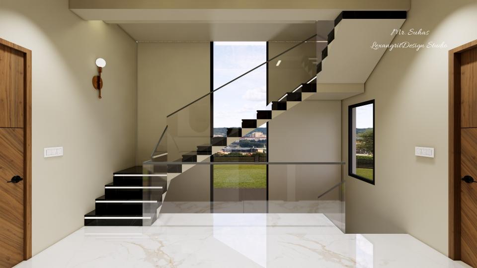 In this image we can see the lobby with stairs which we can access to another floor,black marble texture is used for stairs , toughened glass railing is used for stairs and lobby railing,doors are with brown textured laminate finish with zig-zag pattern, wall light is placed at the stair wall to enhance the space .