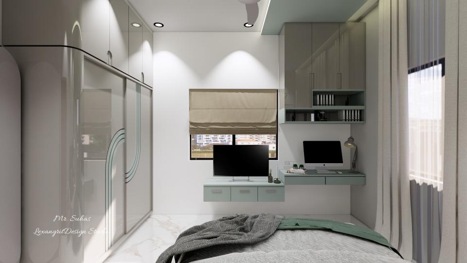 In this image we can see tv & study unit with sky blue textured glossy laminate,we've given a open stoage racks and loft above study unit,and fabric blinds for tv wall window and full height curtains for another window,Wardrobe with sliding door designed with ash grey glossy finish laminate with semi curve design inside it.