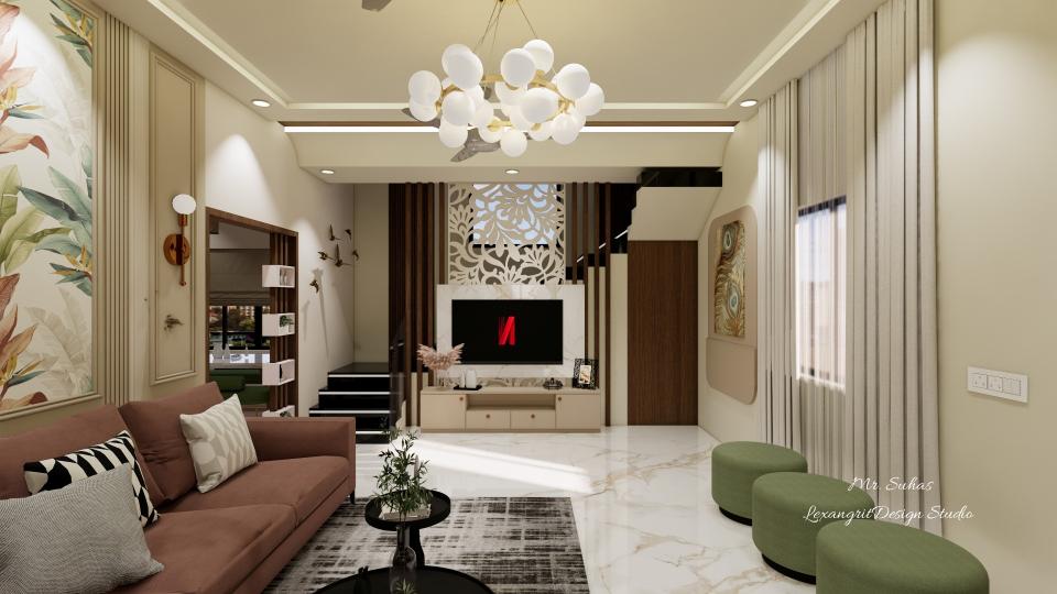 In this image we can see Tv unit which is placed infront of stairs , for tv back wall we used rafters at both sides and  CNC partition at centre added with a storage unit below the tv with suitable storage,stairs are with Black Granite finish , we can see a wooden Partiton beside the stairs which is the go through space for Dining & Kitchen.